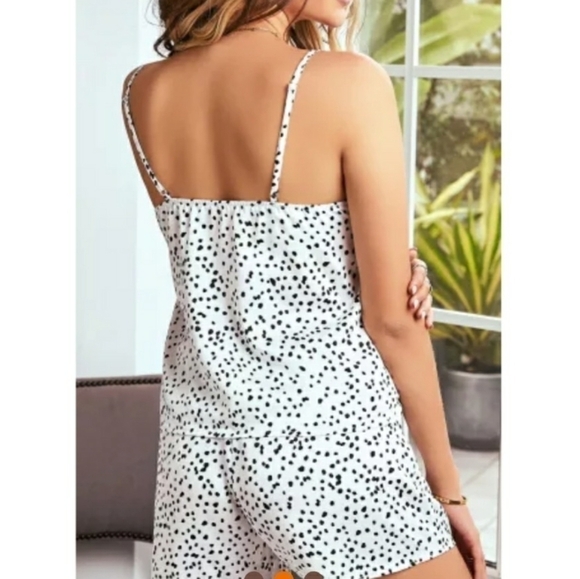 Chic Off White Satin Spotted 2 Pc Short Set PJs - Picture 2 of 4